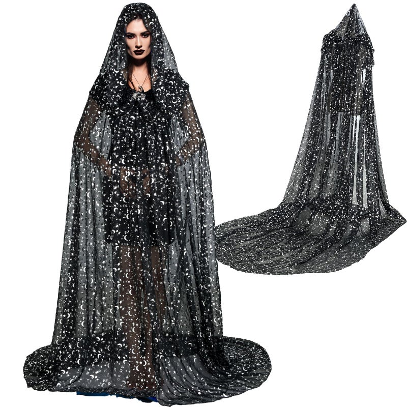 Geyoga Black Celestial Witch Costume Halloween Stars & Moon Wedding Tulle Cape Hooded Elf Cloak Gothic Costume for Cosplay - Image 1