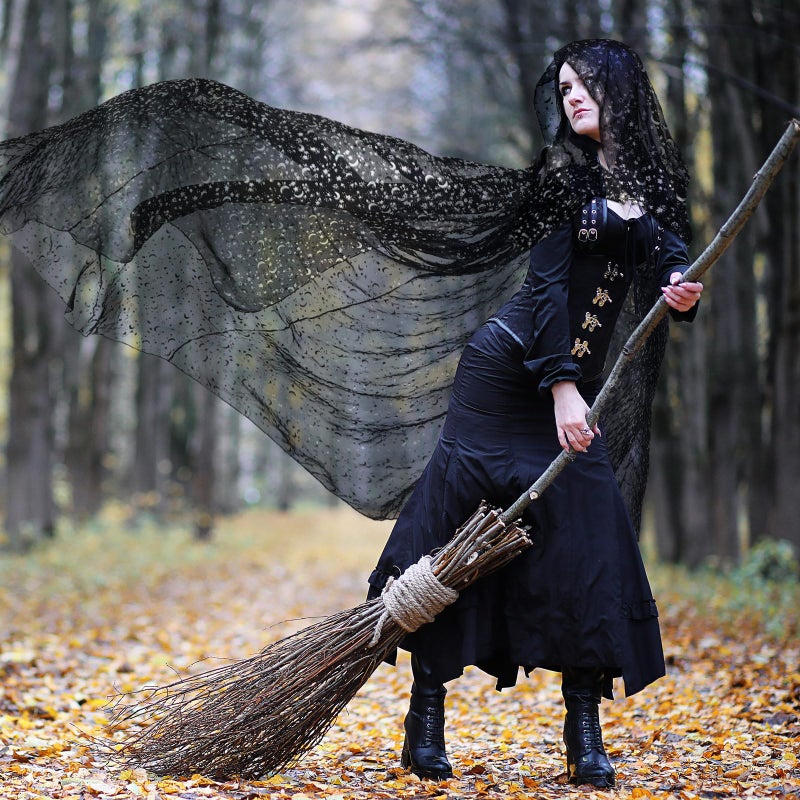 Geyoga Black Celestial Witch Costume Halloween Stars & Moon Wedding Tulle Cape Hooded Elf Cloak Gothic Costume for Cosplay - Image 4