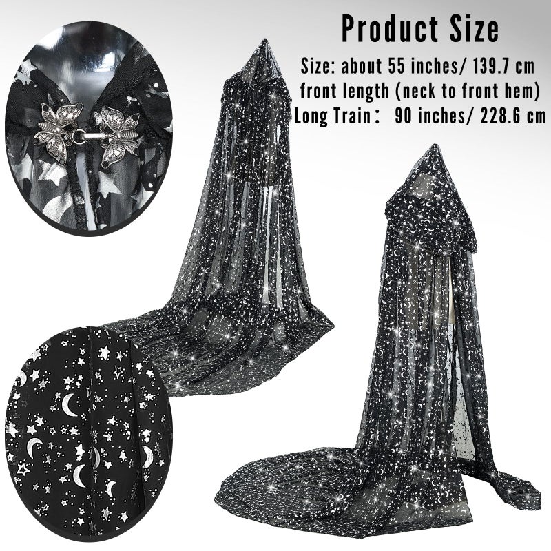 Geyoga Black Celestial Witch Costume Halloween Stars & Moon Wedding Tulle Cape Hooded Elf Cloak Gothic Costume for Cosplay - Image 2