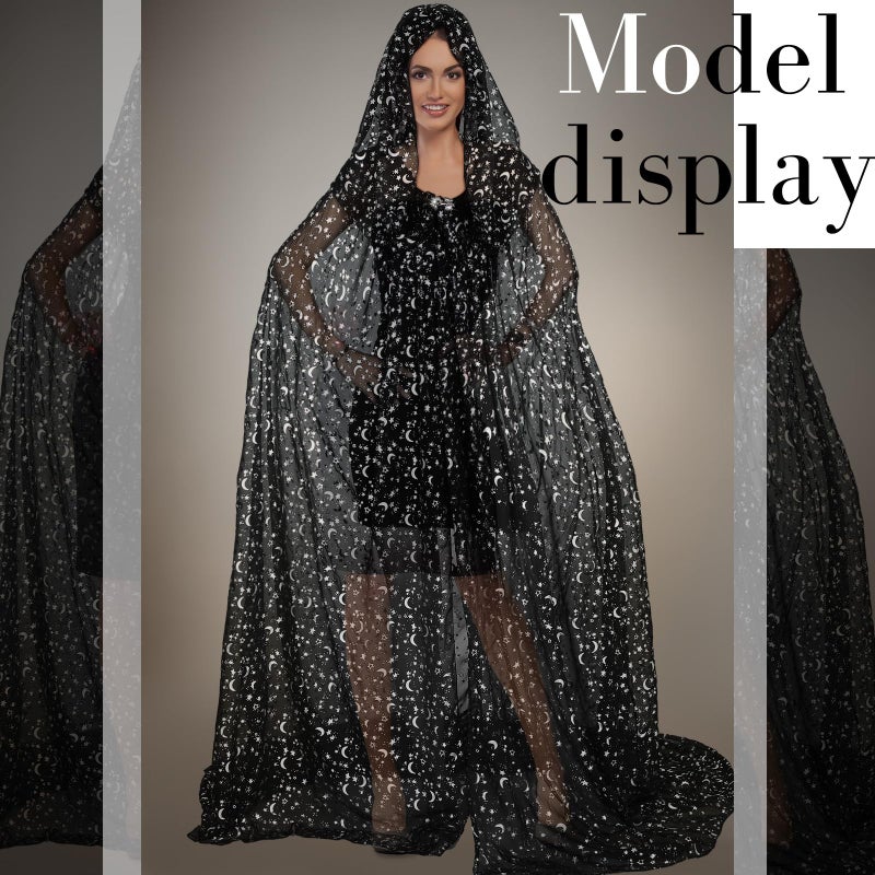 Geyoga Black Celestial Witch Costume Halloween Stars & Moon Wedding Tulle Cape Hooded Elf Cloak Gothic Costume for Cosplay - Image 3
