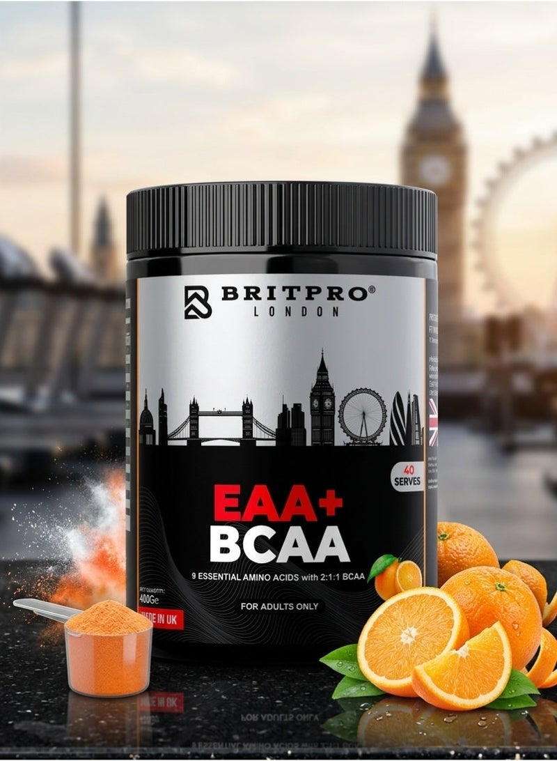 Britpro EAA+ BCAA 9 Essential Amino Acids with 2:1:1 BCAA Orange Popsicle 400g 40 Servings Made in UK - Image 1