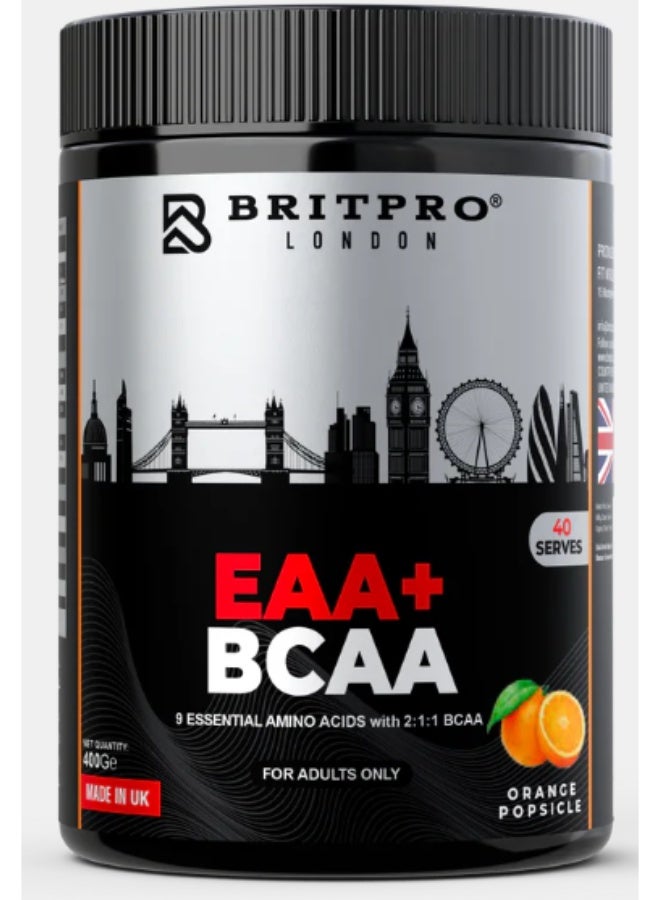 Britpro EAA+ BCAA 9 Essential Amino Acids with 2:1:1 BCAA Orange Popsicle 400g 40 Servings Made in UK - Image 2