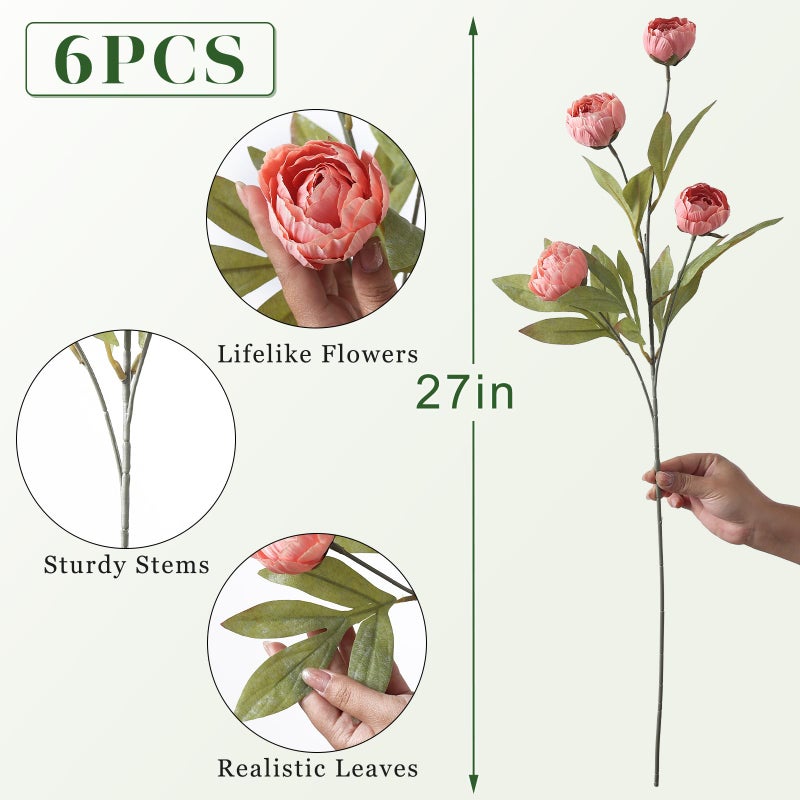 VIERENA 6 Pcs Faux Silk Peony Artificial Flowers for Vase -27", Bulk Fake Peonies Branches with Stems for DIY Bouquet Centerpieces Wedding Fillers Arrangements Shower Decorations (Dusty Pink) - Image 5