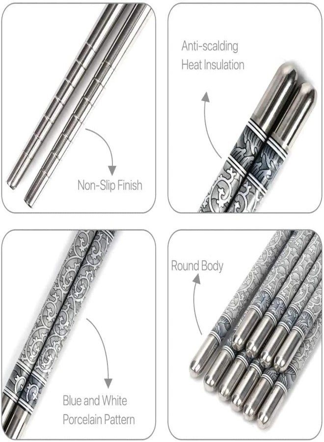 TRYV 5 Pairs Stainless Steel Chopsticks 23cm | Anti Slip Reusable Metal Chopsticks for Sushi Noodles Rice Hotpot BBQ | Blue White Porcelain Design | Dishwasher Safe | Korean Japanese Style - Image 5