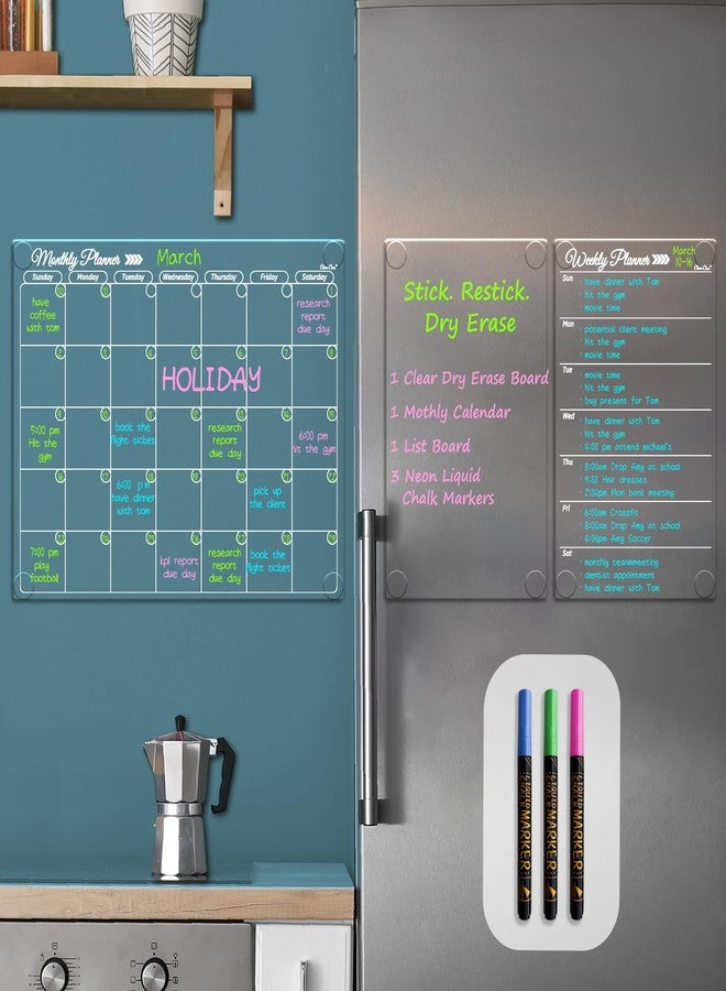 Clever Clean Clear Non-Magnetic Calendar Set for Fridge - Dry Erase Transparent Monthly, Weekly Calendar and Blank Board - Sticks to Wall, Glass, Door, Any Smooth Surfaces - Image 1