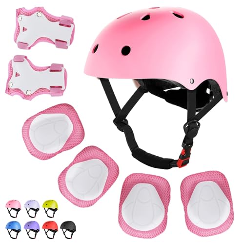 WayEee Kids Bike Helmet Set Skateboard Knee Pads, 7PCS Protective Gear Adjustable for Girls Boys 3-10 Age Elbow Pads Wrist Guards for Outdoor Sports Cycling Bike Roller Skating Scooter, Youth, Pink - Image 1