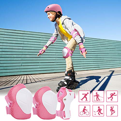 WayEee Kids Bike Helmet Set Skateboard Knee Pads, 7PCS Protective Gear Adjustable for Girls Boys 3-10 Age Elbow Pads Wrist Guards for Outdoor Sports Cycling Bike Roller Skating Scooter, Youth, Pink - Image 2