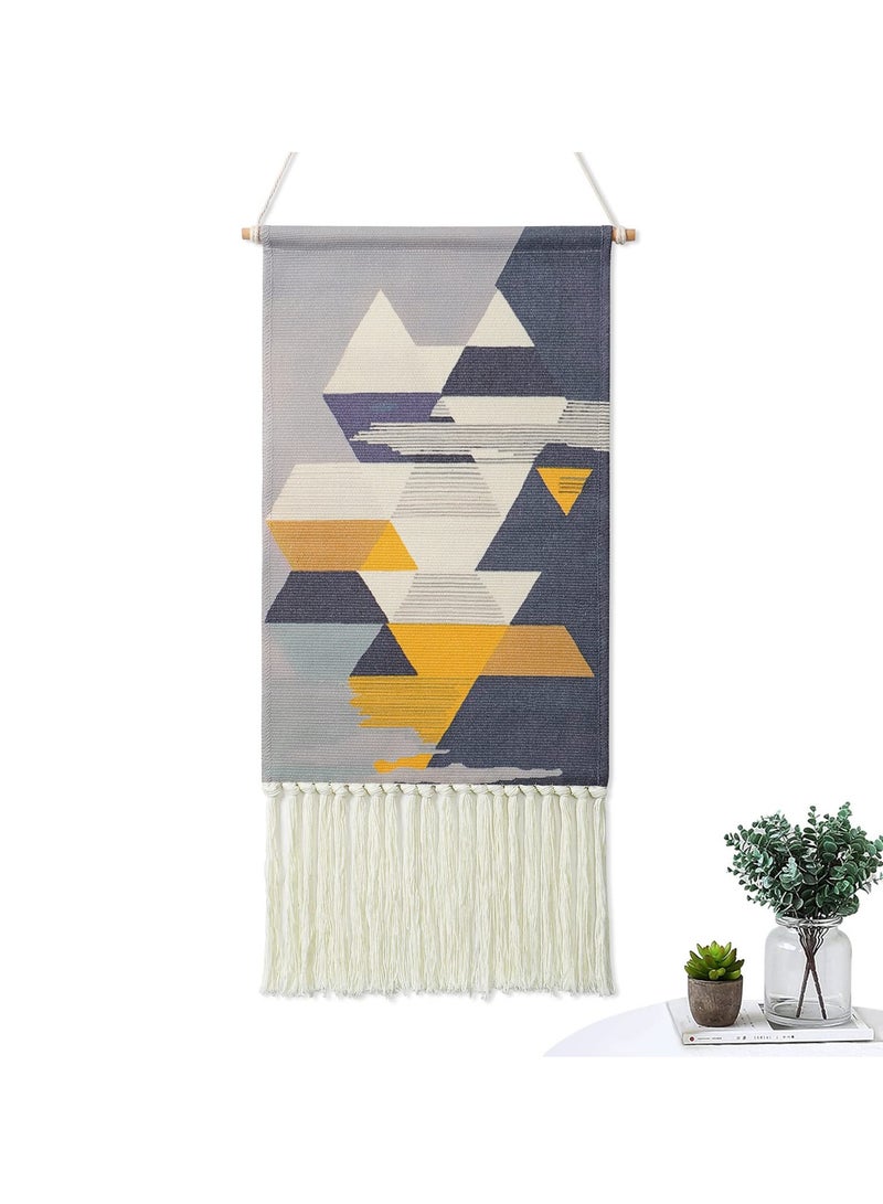 SYOSI Macrame Woven Wall Hanging Tapestry Gray & Blue Geometric Home Decor Boho Chic Art Decor Bohemian Wall Art for Apartment Dorm Room Wedding Backdrop (Grey-Geometry) - Image 1
