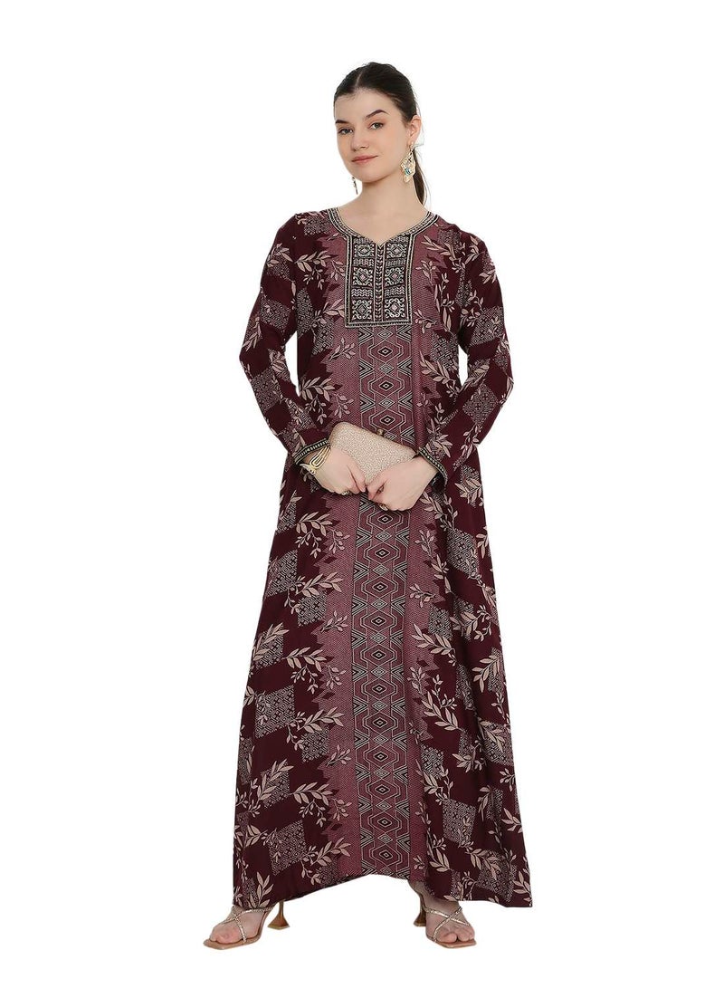 هانا آند سارا جلابية نسائية مطبوعة بياقة على شكل حرف  بأسلوب القفطان العربي التقليدي - Image 1