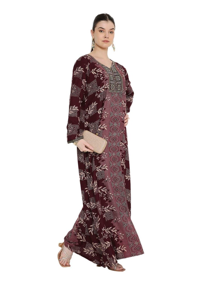 هانا آند سارا جلابية نسائية مطبوعة بياقة على شكل حرف  بأسلوب القفطان العربي التقليدي - Image 4