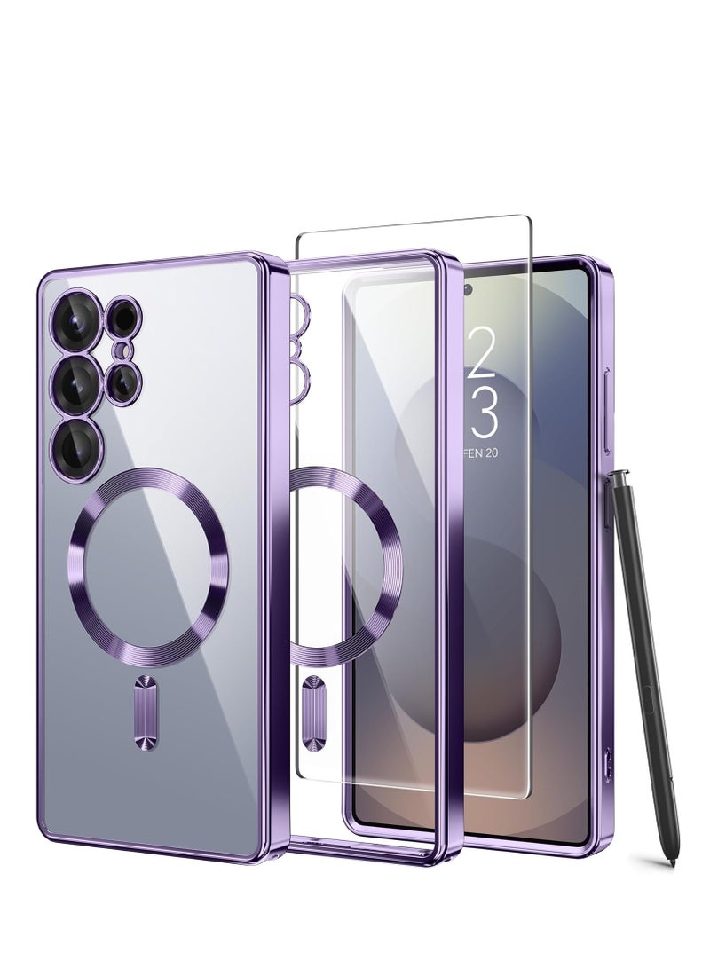 ملبوس غطاء هاتف سامسونج جالاكسي S25 ألترا مع دعم ماجسيف للشحن اللاسلكي، يغطي الشاشة مع واقي زجاجي شفاف كامل عالي الدقة، لجهاز جالاكسي S25 ألترا 6.9 بوصة - Image 1