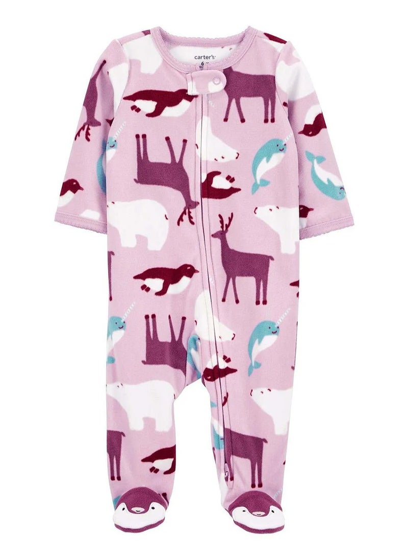 carter's Carter's Arctic Animals Print Zip-Up Fleece Sleep Suit - Purple  - Image 1