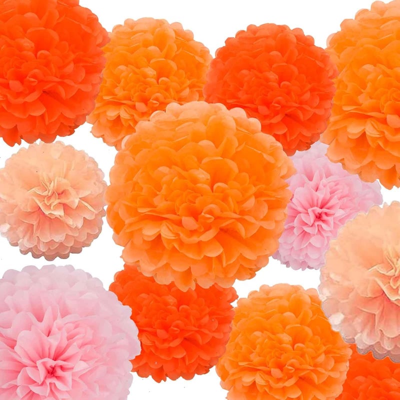 GAKA Pink,Orange Hanging Paper Pom Poms 10 inch and 12 inch,12 Piece,4 Colors Set,for Thanksgiving Party Decoration Tissue Flowers Decorations - Image 1