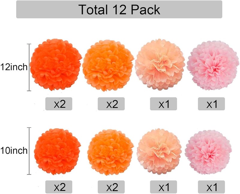 GAKA Pink,Orange Hanging Paper Pom Poms 10 inch and 12 inch,12 Piece,4 Colors Set,for Thanksgiving Party Decoration Tissue Flowers Decorations - Image 2