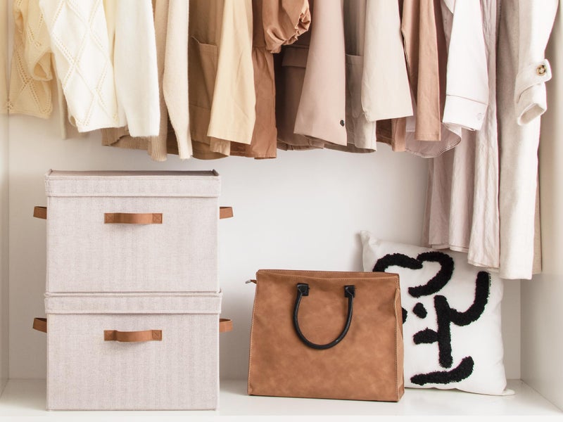 StorageWorks Fabric Storage Bins with Lid, Decorative Storage Boxes for Shelves, Stackable Closet Organizer Basket with Handles, Jumbo, Brown and Beige, 2-Pack - Image 4