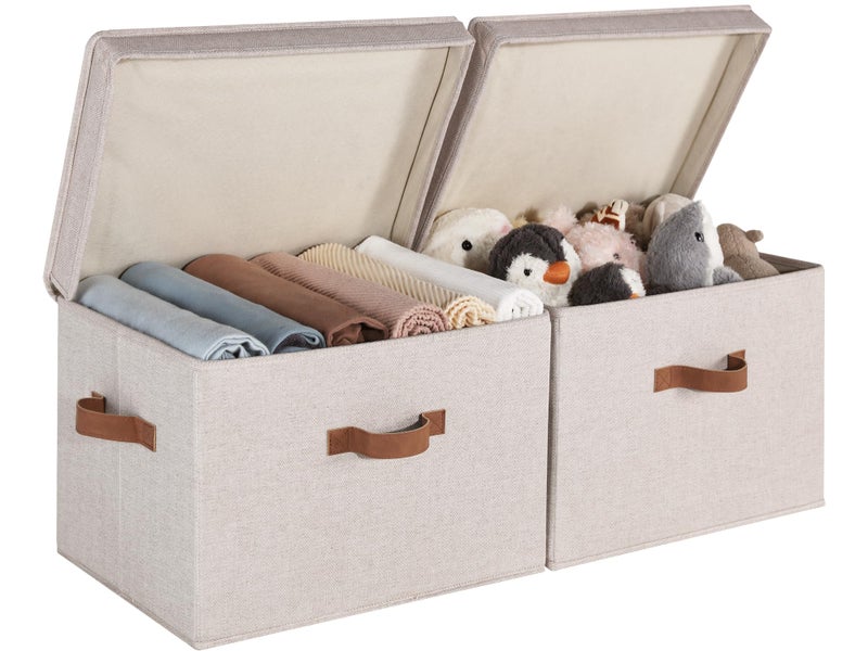 StorageWorks Fabric Storage Bins with Lid, Decorative Storage Boxes for Shelves, Stackable Closet Organizer Basket with Handles, Jumbo, Brown and Beige, 2-Pack - Image 1