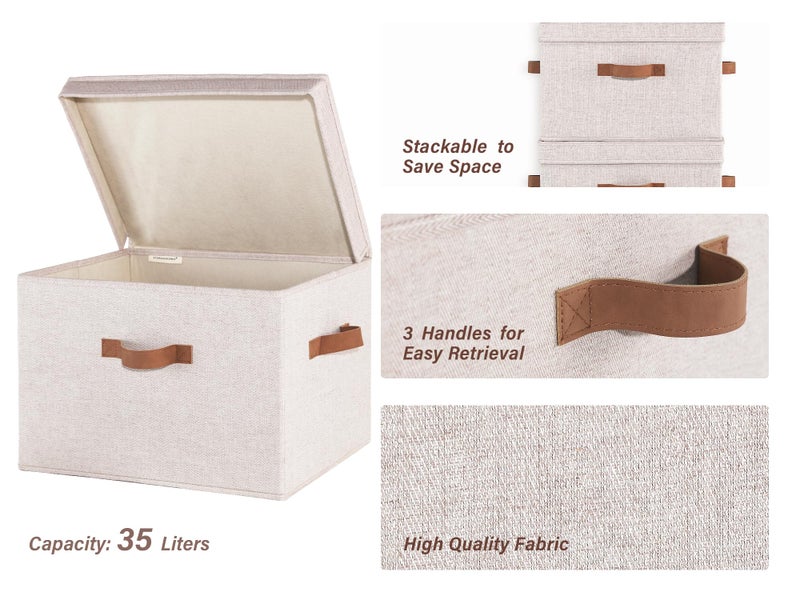 StorageWorks Fabric Storage Bins with Lid, Decorative Storage Boxes for Shelves, Stackable Closet Organizer Basket with Handles, Jumbo, Brown and Beige, 2-Pack - Image 3