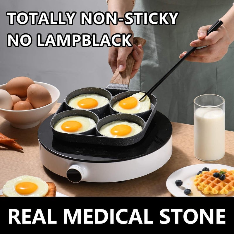 Hidak Cooking Pan with Wood Handle Frying Pot Pancake Pan Durable 4Hole Cooking Utensils Egg Frying Pot for Burgers Sandwiches Pancakes Egg Frying Pan - Image 5