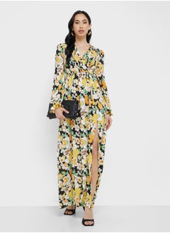 Little Mistress Vintage Floral Shirred Mock Wrap Maxi Dress  - Image 1