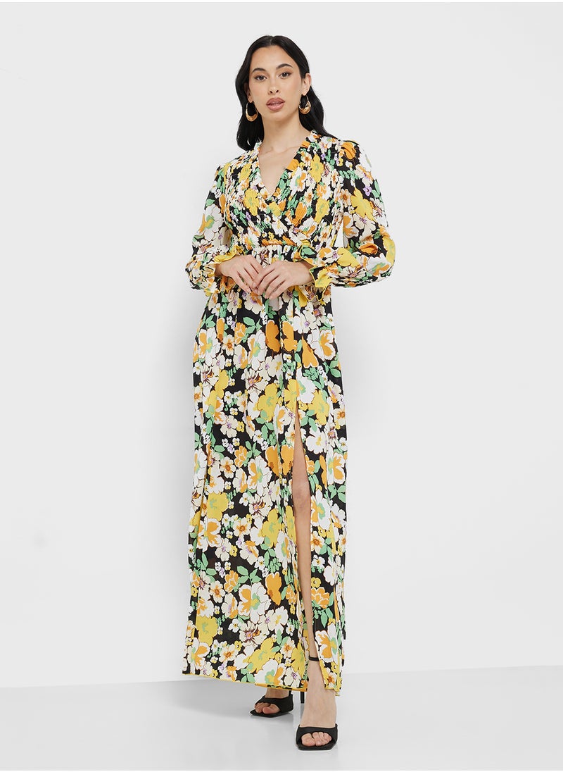 Little Mistress Vintage Floral Shirred Mock Wrap Maxi Dress  - Image 4