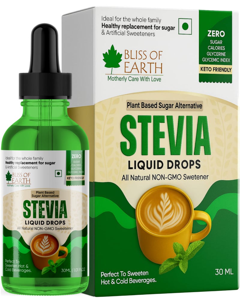 Bliss of Earth Pure Stevia Sweetener Liquid Drops, Pure Stevia Extract Natural Zero Calorie Liquid Sweetener, Sugar Substitute for Coffee, Tea & Drinks, Glycerine Free & Zero Glycemic Index, 30ml - Image 1