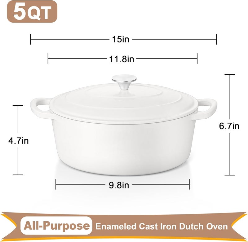 E-far 5QT Oval Dutch Oven Pot with Lid, Enameled Cast Iron Dutch Oven with Dual Handles for Sourdough Bread Baking Cooking, Nonstick Enamel Coated Cookware(White), Non-Toxic & Easy Clean - Image 2