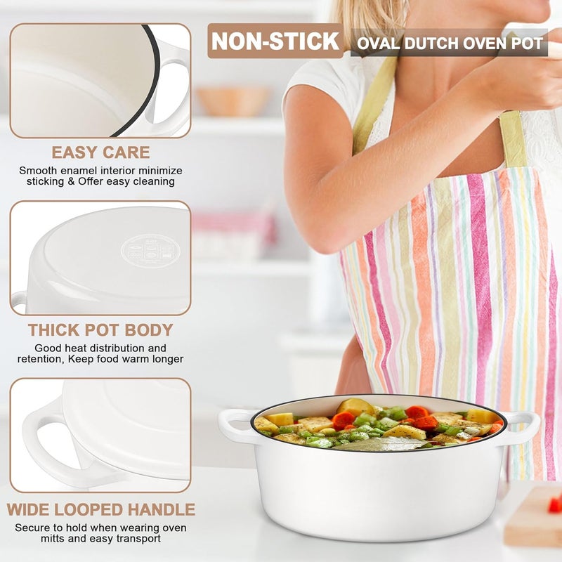 E-far 5QT Oval Dutch Oven Pot with Lid, Enameled Cast Iron Dutch Oven with Dual Handles for Sourdough Bread Baking Cooking, Nonstick Enamel Coated Cookware(White), Non-Toxic & Easy Clean - Image 3