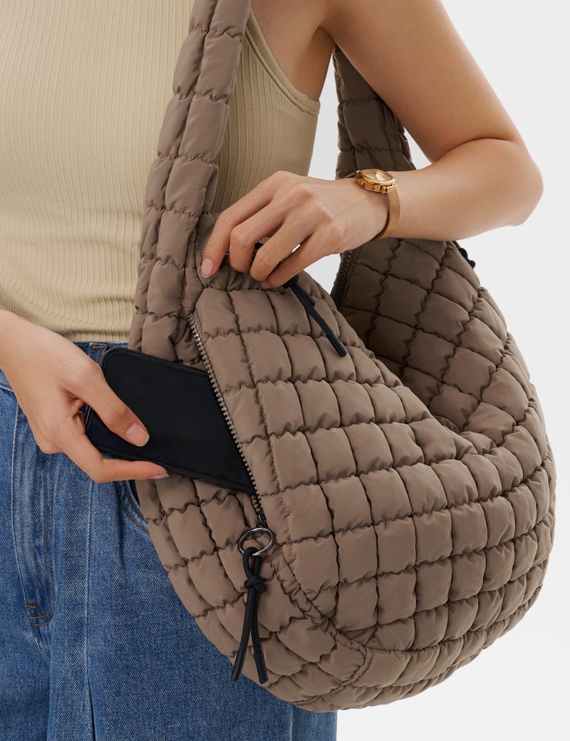Yarnic Quilted Tote Bag Puffer Large Quilting Carryall Shoulder Bags Puffy Lightweight Quilt Padding Hobo Bag Soft for Women Fashion Khaki - Image 2