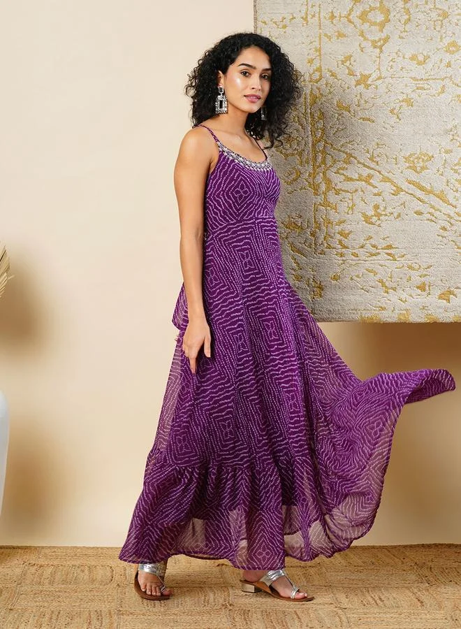 globus Back Tie-up Flared Hem Bandhani Print Maxi Dress