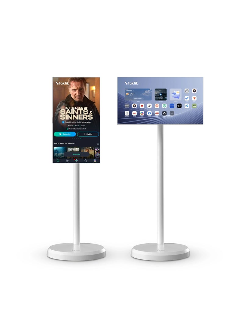 Taktik portable smart screen 21.5 inch android 15 touch monitor, ips full hd display, octa-core processor, 4gb ram 64gb storage, 90 degree rotation stand, 3d stereo speakers, 6000mah built-in battery, white color, indoor smart display - Image 1