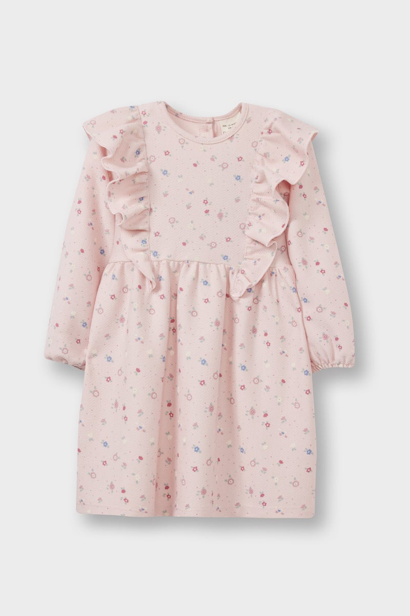 ديفاكتو فستان بناتي فلورال قصة عادية كم طويل برقبة مستديرة - Image 1