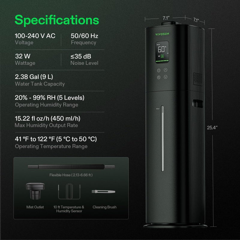 VIVOSUN AeroStream H09 Intelligent Wi-Fi Humidifier, 2.38 Gal / 9 L Humidifier with Temp & Humidity Probe, Smart Remote Control, Designed for Growers - Image 2