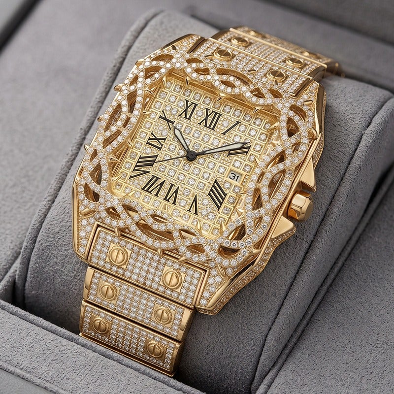 FX Men's Luxury Square Watch with Diamond Accents, Roman Numerals, Calendar, Water Resistant 30M, Stainless Steel Butterfly Clasp - Image 2