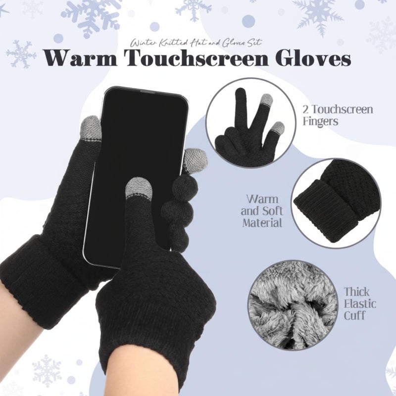 ShinyMatch Womens Winter Fleece Lined Knitted Beanie Hat Glove Set, Warm Pom Pom Beanie Knit Cap Touchscreen Gloves for Women(Black) - Image 5
