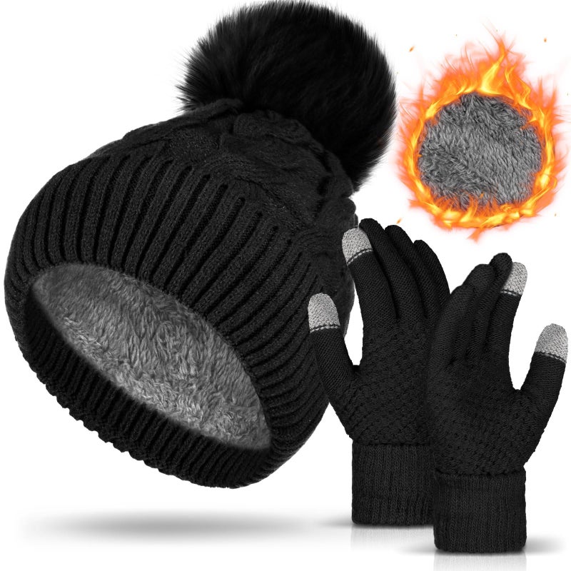 ShinyMatch Womens Winter Fleece Lined Knitted Beanie Hat Glove Set, Warm Pom Pom Beanie Knit Cap Touchscreen Gloves for Women(Black) - Image 1