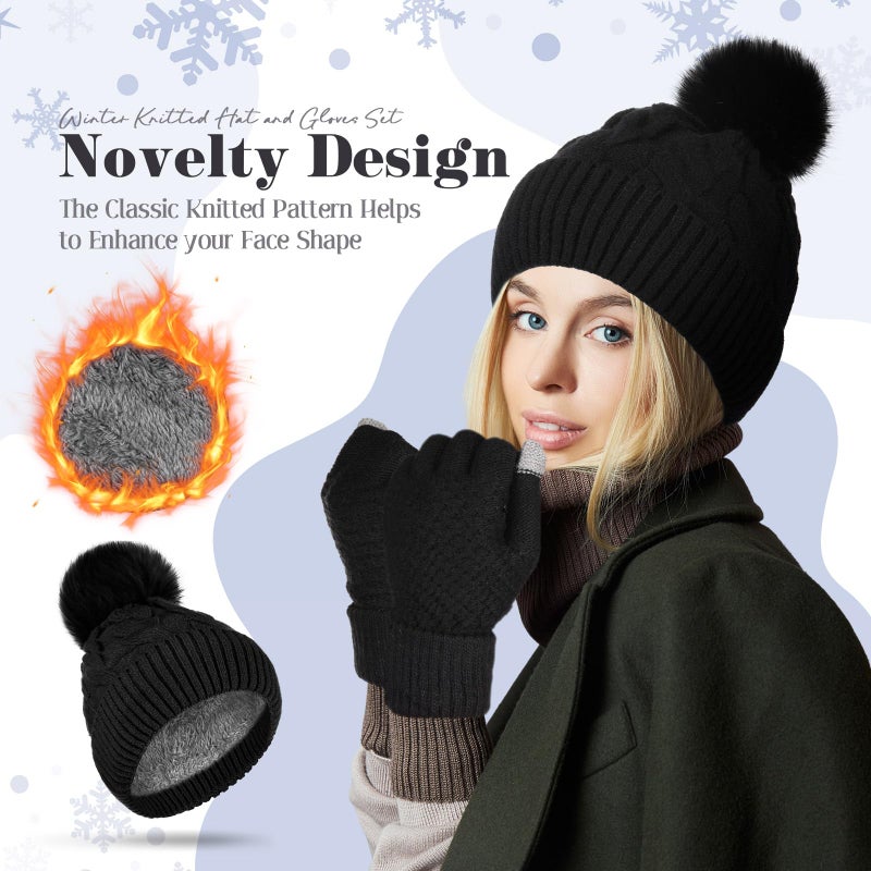 ShinyMatch Womens Winter Fleece Lined Knitted Beanie Hat Glove Set, Warm Pom Pom Beanie Knit Cap Touchscreen Gloves for Women(Black) - Image 4