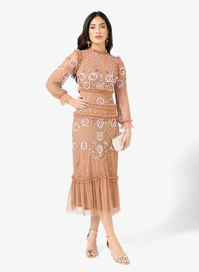 فروك اند فرل فستان ميدي بأكمام شبكية متعددة الطبقات ومزينة - Image 1