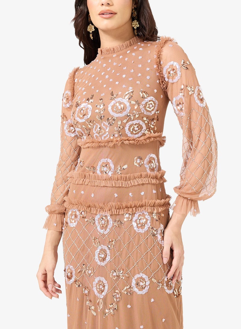 فروك اند فرل فستان ميدي بأكمام شبكية متعددة الطبقات ومزينة - Image 4