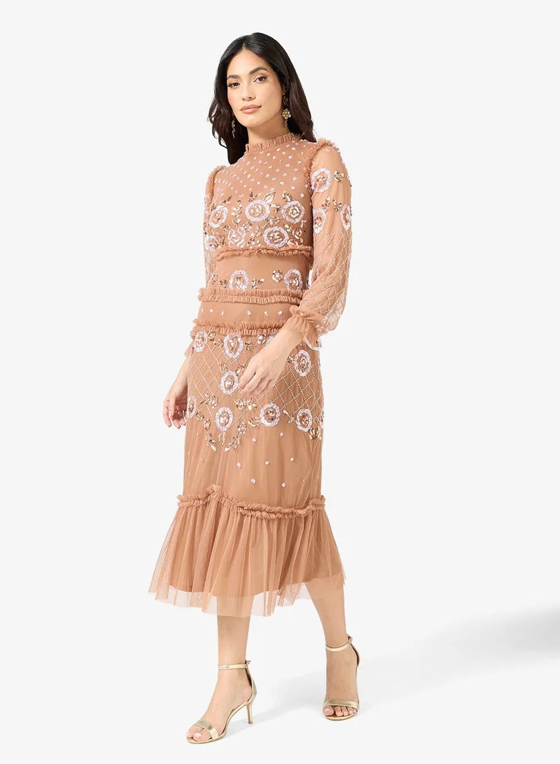 فروك اند فرل فستان ميدي بأكمام شبكية متعددة الطبقات ومزينة