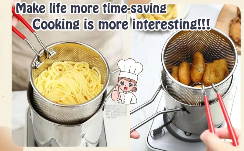 KARMIKA Pot with Strainer Basket1200ml Stainless Steel Pan with Handle Oil Basket French Fries Basket Fry Pan Deep Fryer Food Strainer Colander Potato Chips Rack Chicken Fryer for Kitchen - Image 4
