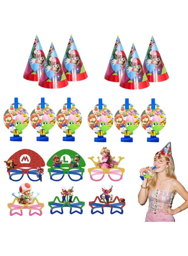 ILovhaprty Super Mario Party Favors Set, 18 Pcs Mario Party Hats, Blowouts & Glitter Paper Glasses for Kids Birthday Party Decorations, Mario Bros Theme Party Supplies - Image 1