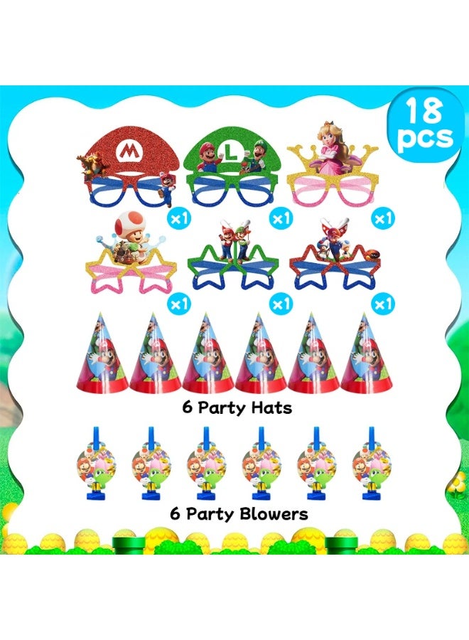 ILovhaprty Super Mario Party Favors Set, 18 Pcs Mario Party Hats, Blowouts & Glitter Paper Glasses for Kids Birthday Party Decorations, Mario Bros Theme Party Supplies - Image 2