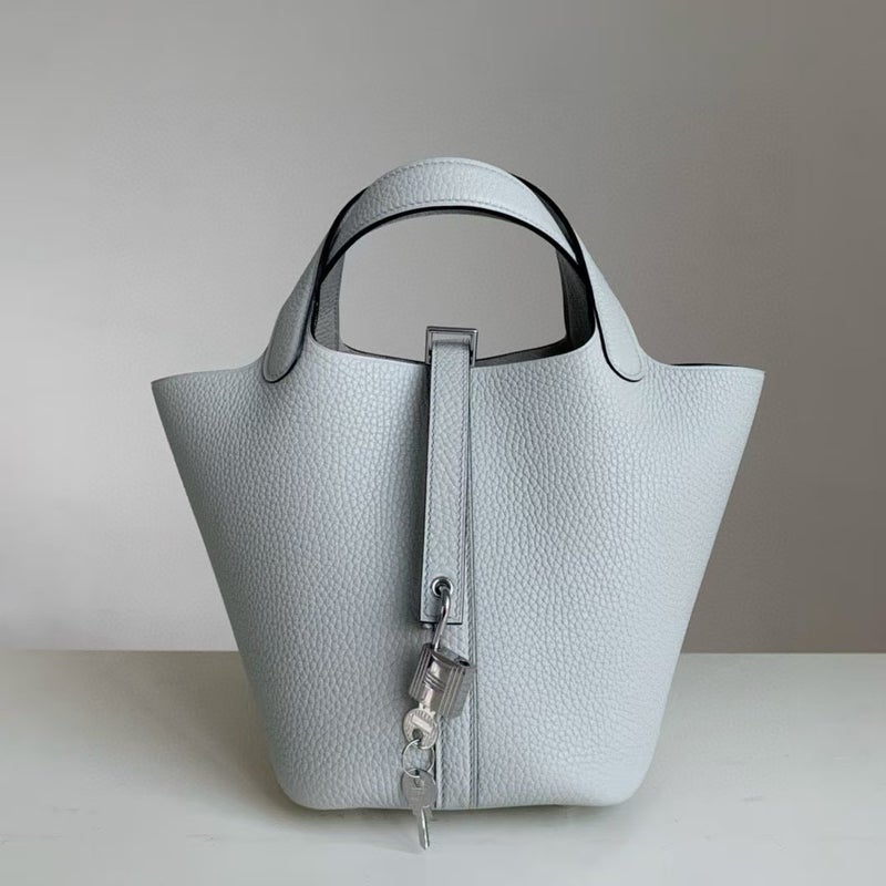 18cm Wax Line Hand Sewed TC Top Layer Cowhide Vegetable Basket Bag Bucket Bag Genuine Leather Womens Bag Handbag Holy cup blue 