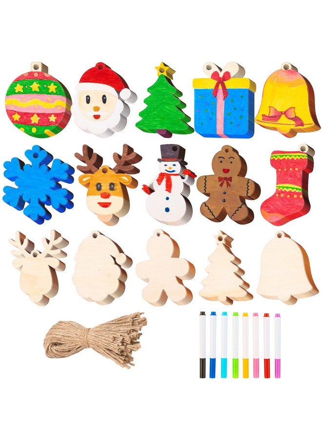 JOYIN 100 Pcs Christmas Wooden Ornaments Crafts to Paint, Unfinished Wood Painting Kits with 8 Watercolor Pens for Kids, Make Your Own DIY Hanging Ornament for Xmas Tree Decor Party Supplies (Age 8+) - Image 1