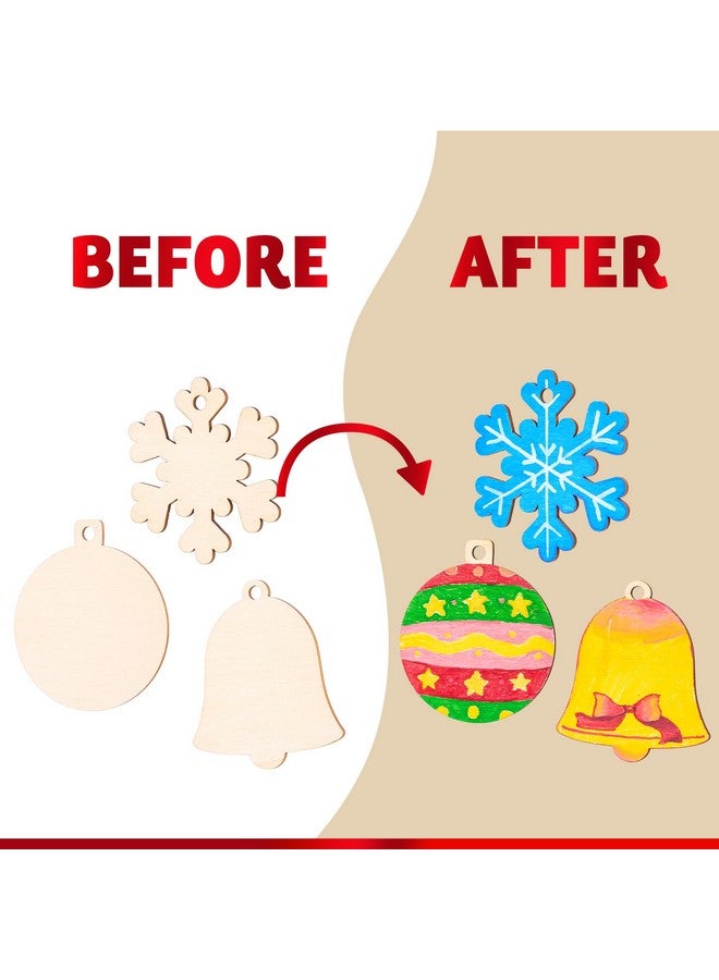 JOYIN 100 Pcs Christmas Wooden Ornaments Crafts to Paint, Unfinished Wood Painting Kits with 8 Watercolor Pens for Kids, Make Your Own DIY Hanging Ornament for Xmas Tree Decor Party Supplies (Age 8+) - Image 3