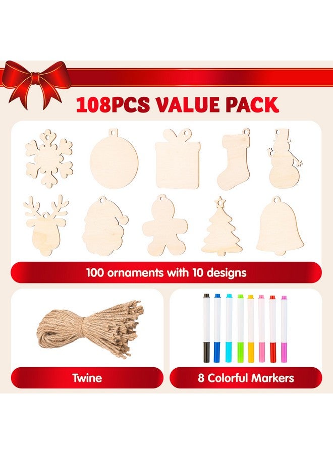 JOYIN 100 Pcs Christmas Wooden Ornaments Crafts to Paint, Unfinished Wood Painting Kits with 8 Watercolor Pens for Kids, Make Your Own DIY Hanging Ornament for Xmas Tree Decor Party Supplies (Age 8+) - Image 2