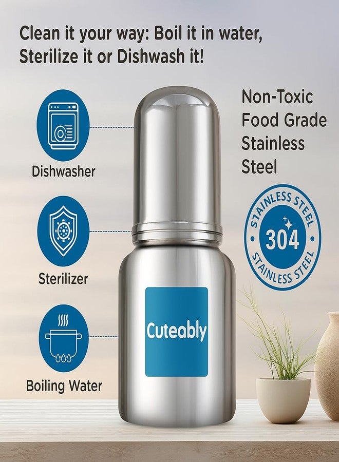 CUTEABLY زجاجة رضاعة أنيقة من الفولاذ المقاوم للصدأ للأطفال - خالية من مادة BPA، مانعة للتسرب، سهلة التنظيف - متوفرة بحجم 200 مل - للأطفال من حديثي الولادة وحتى عمر سنة فأكثر - Image 5