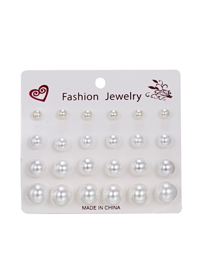 12 Pairs White Pearl Stud Earrings Set, Assorted Size Round Faux Pearl Ear Studs, Classic Elegant Jewelry Gift Pack for Women Girls Wedding & Daily Wear