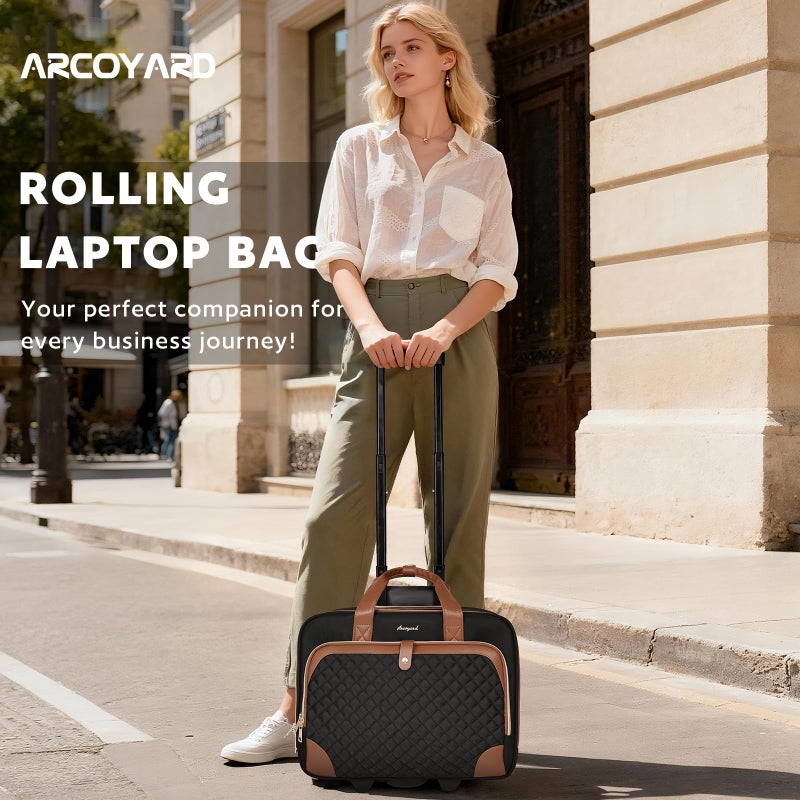 Arcoyard Rolling Laptop Bag, Rolling Briefcase for Women with Waterproof Pocket, 16 Inch Computer Bag, Underseat Carry On Luggage with Wheels for Work Travel Business, Lightweight Black Brown - Image 2
