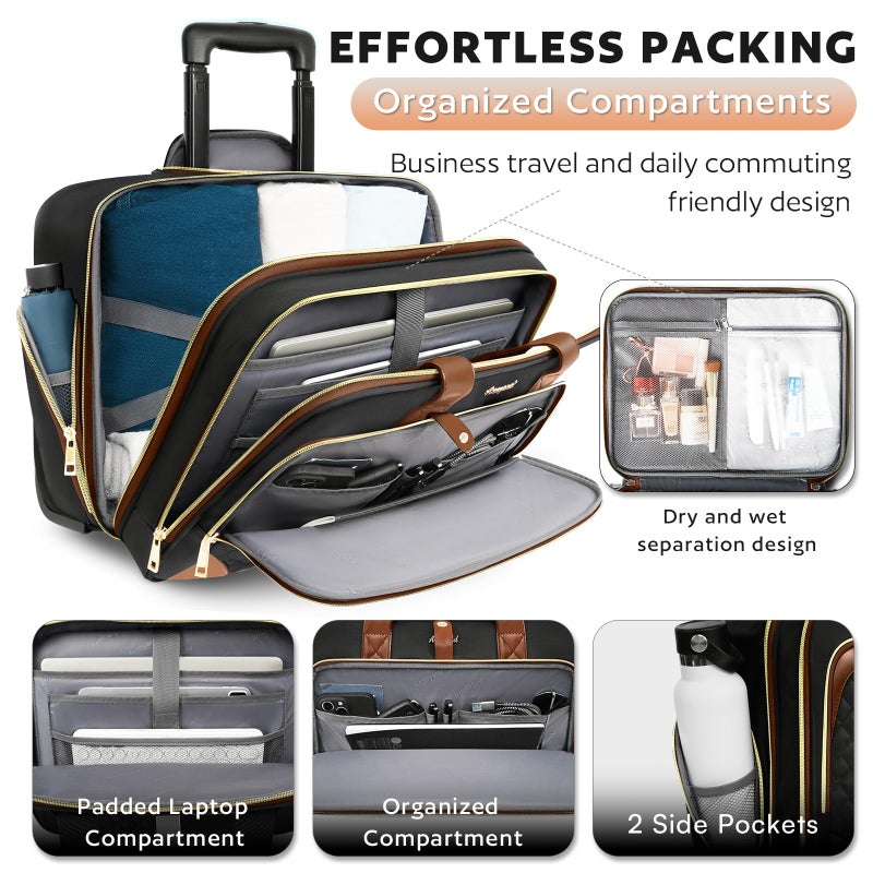 Arcoyard Rolling Laptop Bag, Rolling Briefcase for Women with Waterproof Pocket, 16 Inch Computer Bag, Underseat Carry On Luggage with Wheels for Work Travel Business, Lightweight Black Brown - Image 3